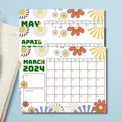 March, April, and May 2024 calendars with vintage styling, printed against a blue hue backdrop for a peaceful and refreshing look.