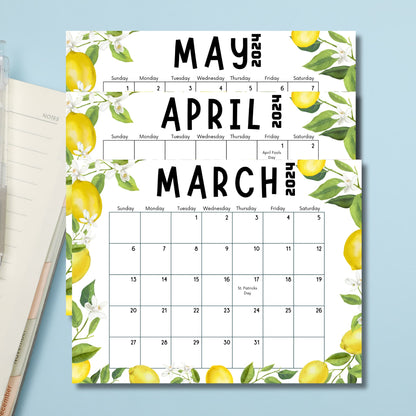 Spring 2024 lemon and leaves calendar templates for March to May displayed on a blue background, capturing the essence of clear spring skies.