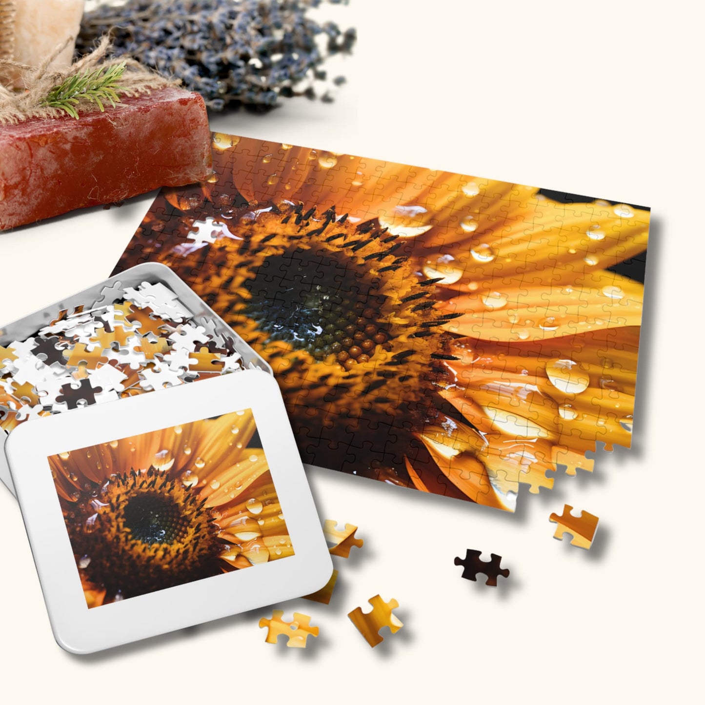 Packaged Bold and Beautiful Sunflower Jigsaw Puzzle in its designed box, displaying the 1000 pieces and the captivating floral image.