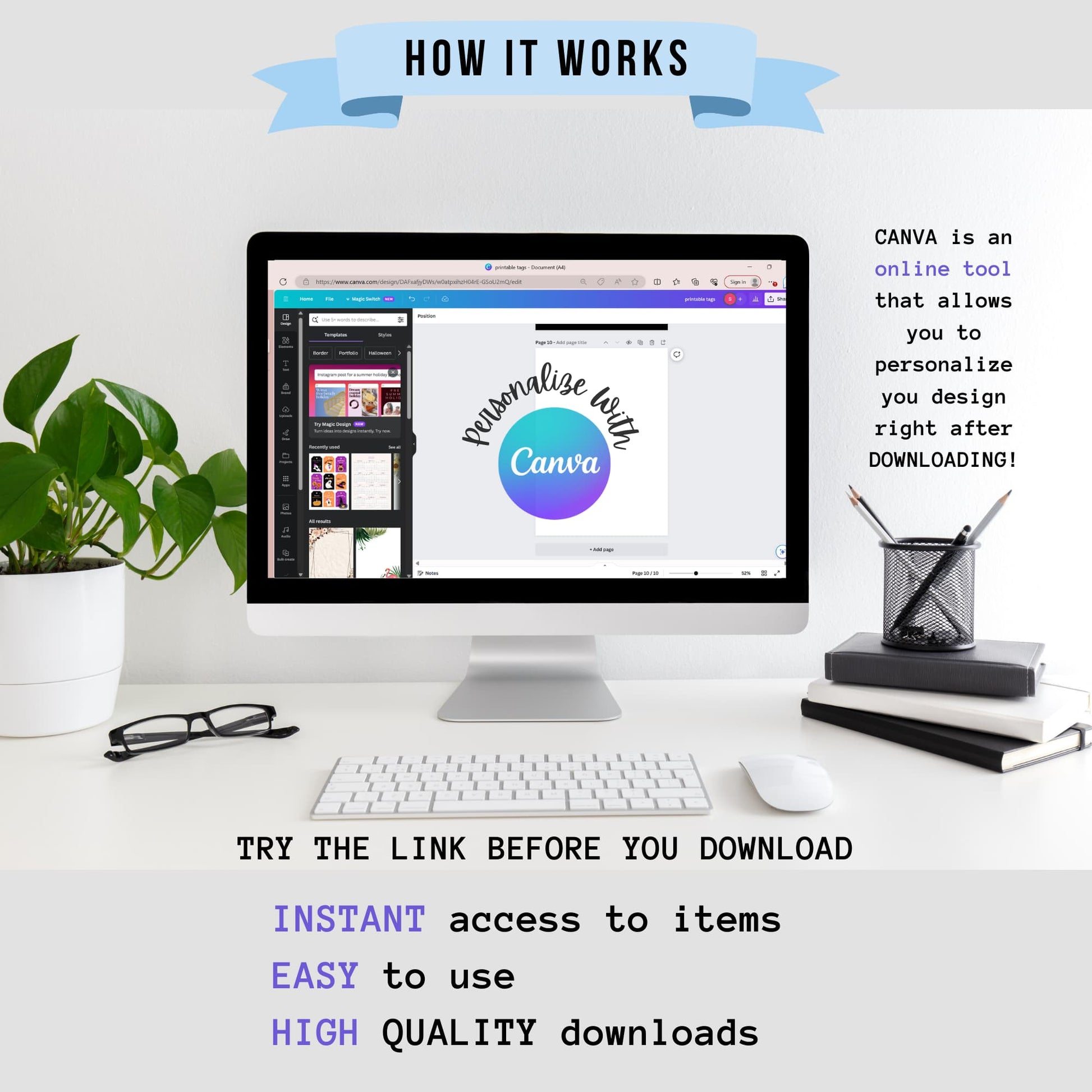 How-to image explaining the convenience of using Canva for customizing Halloween goodie bag tags