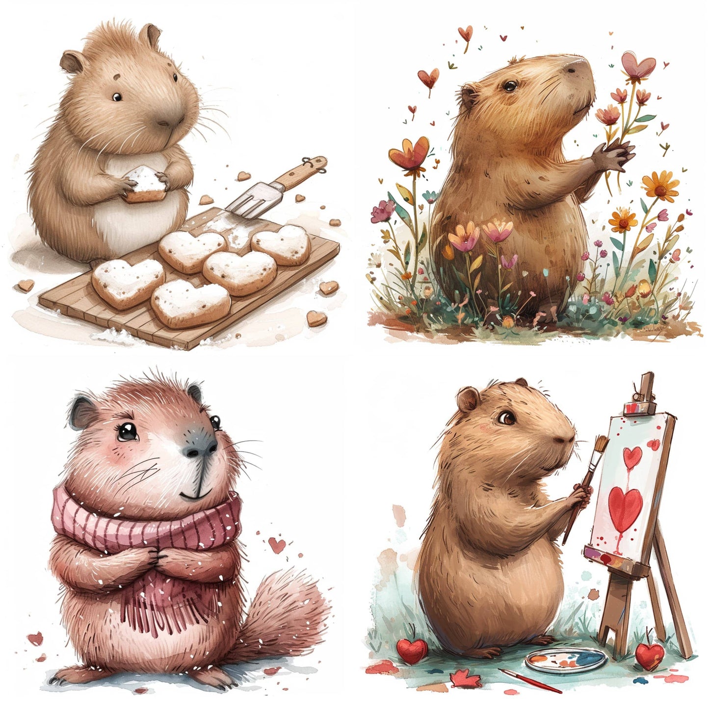 Capybara Valentine Day Cute Clipart PNG-Bouquet of Roses-Knitting-painting-Chocolate Hearts