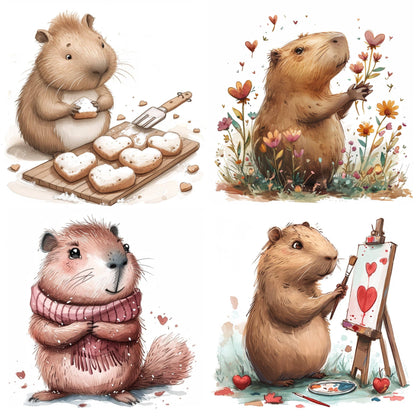 Capybara Valentine Day Cute Clipart PNG-Bouquet of Roses-Knitting-painting-Chocolate Hearts