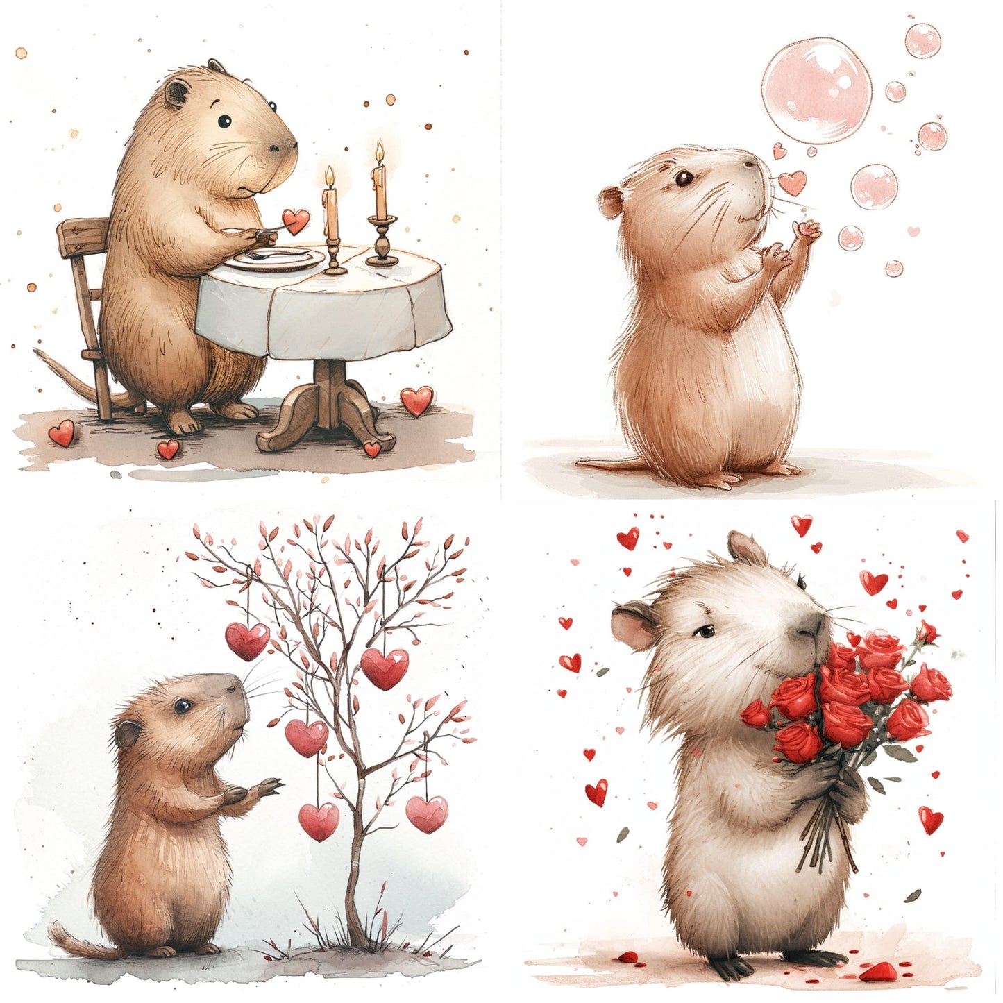Capybara Valentine Day Cute Clipart PNG-Candlelit Dinner-Bubble Fun-Valentine Tree-Bouquet of Roses