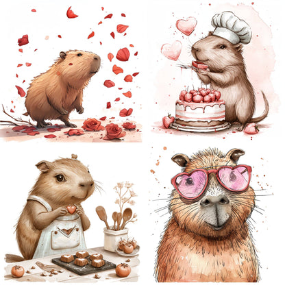 Capybara Valentine Day Cute Clipart PNG-Trail of Rose-Petals-Valentine Day Cake-Making Chocolate Hearts-Heart-Shaped Glasses