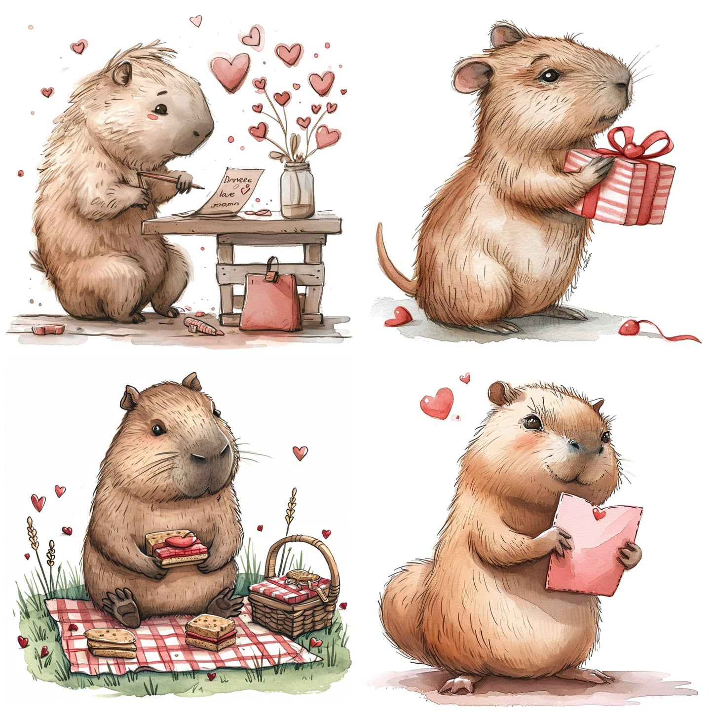 Capybara Valentine Day Cute Clipart PNG-Writing Love Letters-Valentine Gift-Picnic Date-Holding a Card