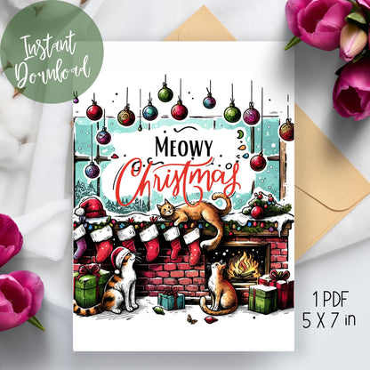 2023 Free Printable Christmas Card Template displayed on a table, elegantly accompanied by an envelope and festive flowers, showcasing a 5in x 7in easy and editable design.