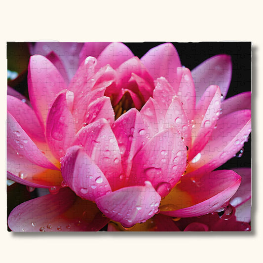 Close-up view showcasing the detailed quality and vibrant colors of the 500-piece vintage pink Nelumbo Nucifera flower jigsaw puzzle.