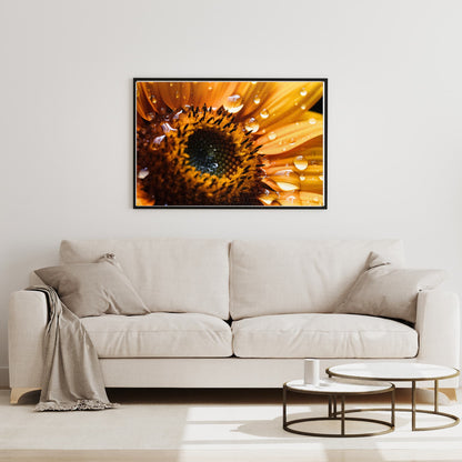 A fully assembled 1000-piece Sunflower Jigsaw Puzzle, elegantly framed and mounted as lively and bright wall art in a cozy living room.