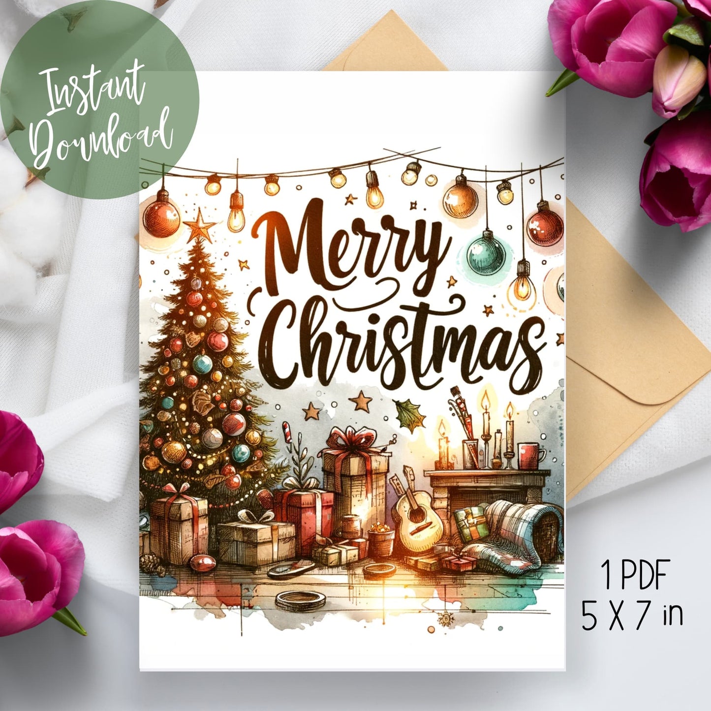 2023 Merry Christmas Greeting Card Printable featuring a warm living room scene, elegantly displayed on a table with an envelope and flowers, embodying the comfort and joy of the holiday season.