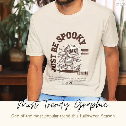 Spooky season tee on a Model showing trendy graphic information.