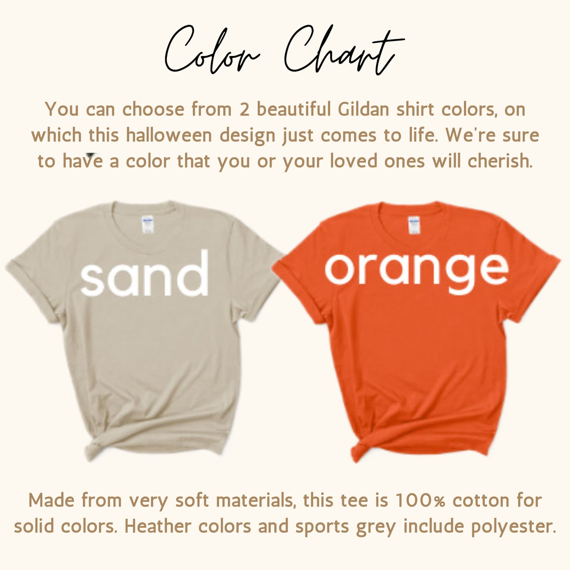 Color chart for Halloween t-shirts: sand and orange Gildan shirts displayed. Text describes 100% cotton material for solid colors, with polyester in heather and sports grey options.