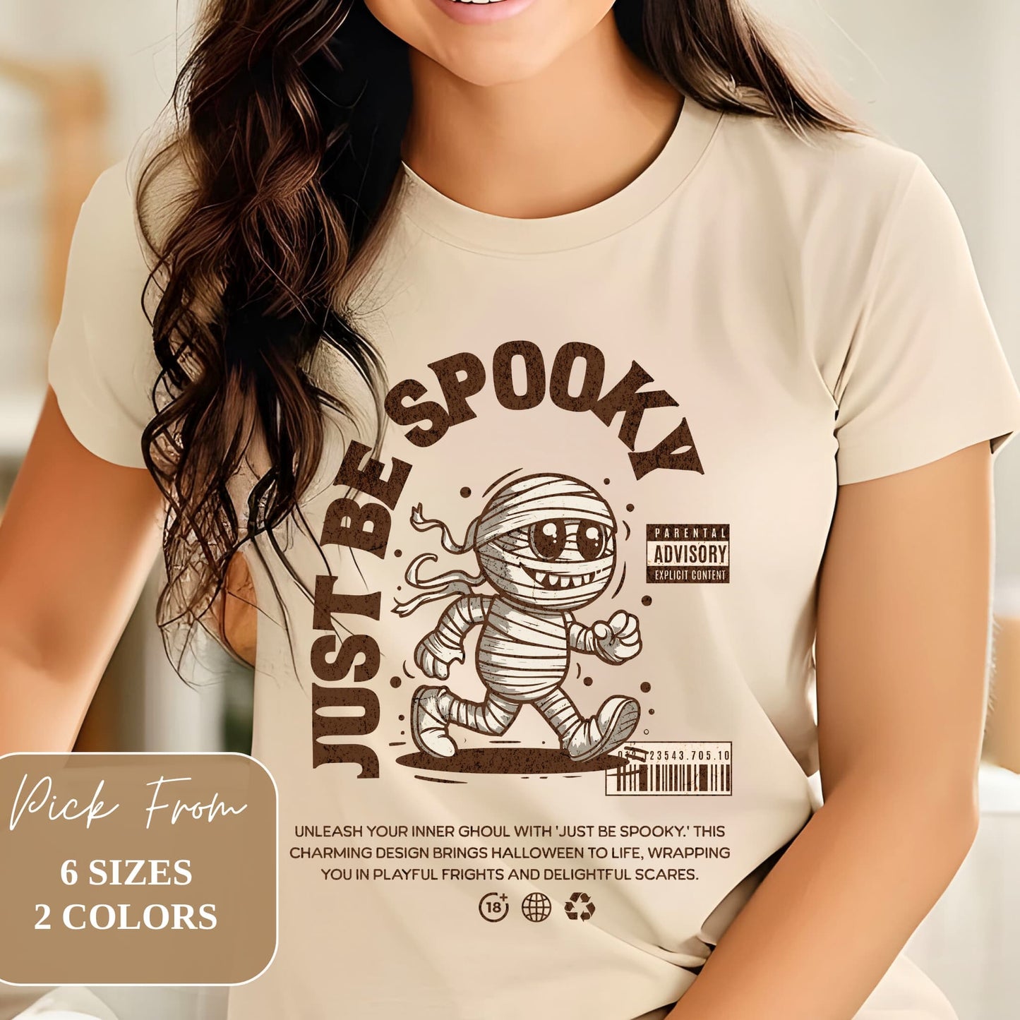 Just be Spooky Halloween Graphic sand Color Shirt on A Female Model