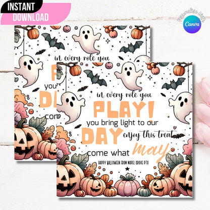  DIY Personalized Happy Halloween Appreciation Gift Tag Sticker on a Wooden Background