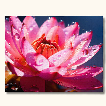 Detailed close-up of a 1000 piece pink lotus flower jigsaw puzzle, emphasizing the vibrant colors and delicate water drops on the petals.