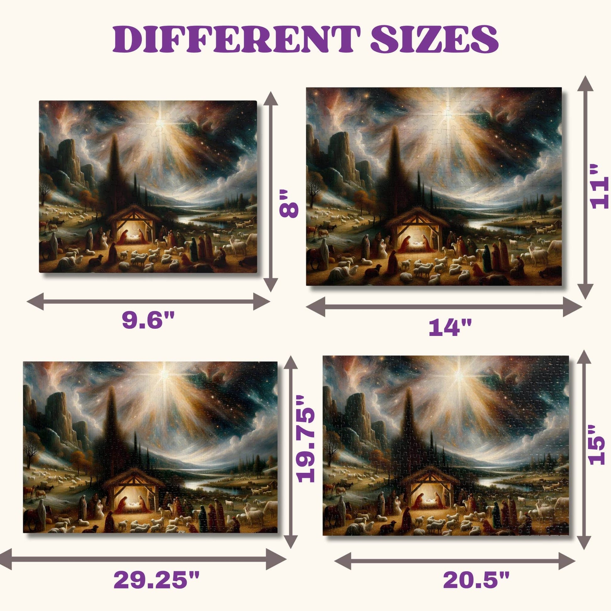 Different sizes of the Oil-Painted Nativity Scene Jigsaw Puzzles featuring 110, 252, 500, and 1000 pieces.