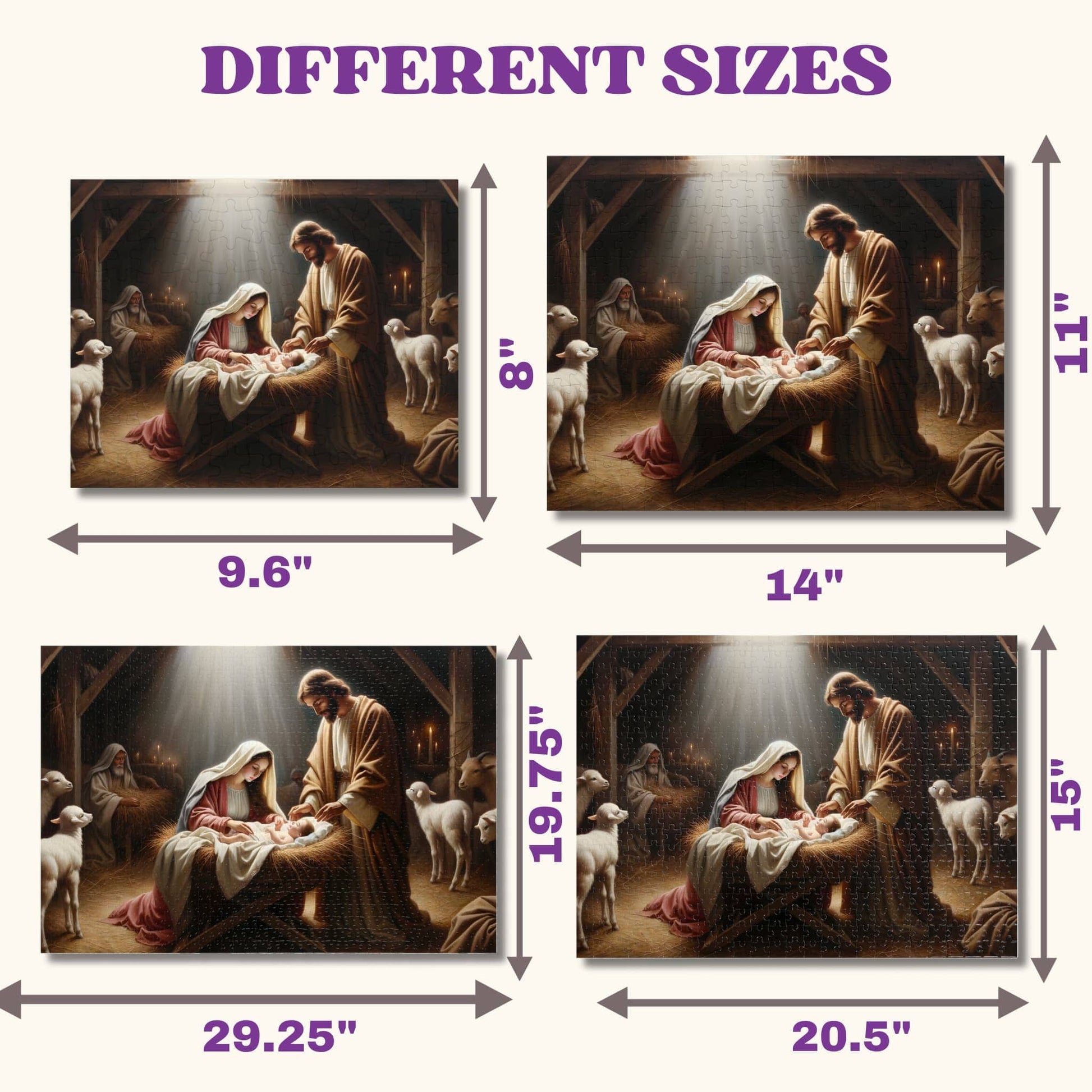 Different sizes of the Jesus Jigsaw Puzzles featuring 110, 252, 500, and 1000 pieces.