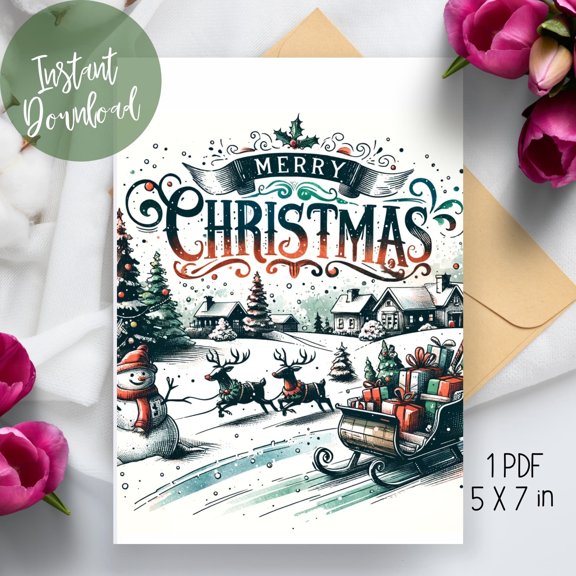 Instant Download Printable 5x7 Christmas Cards Sarsari Creations 🎄