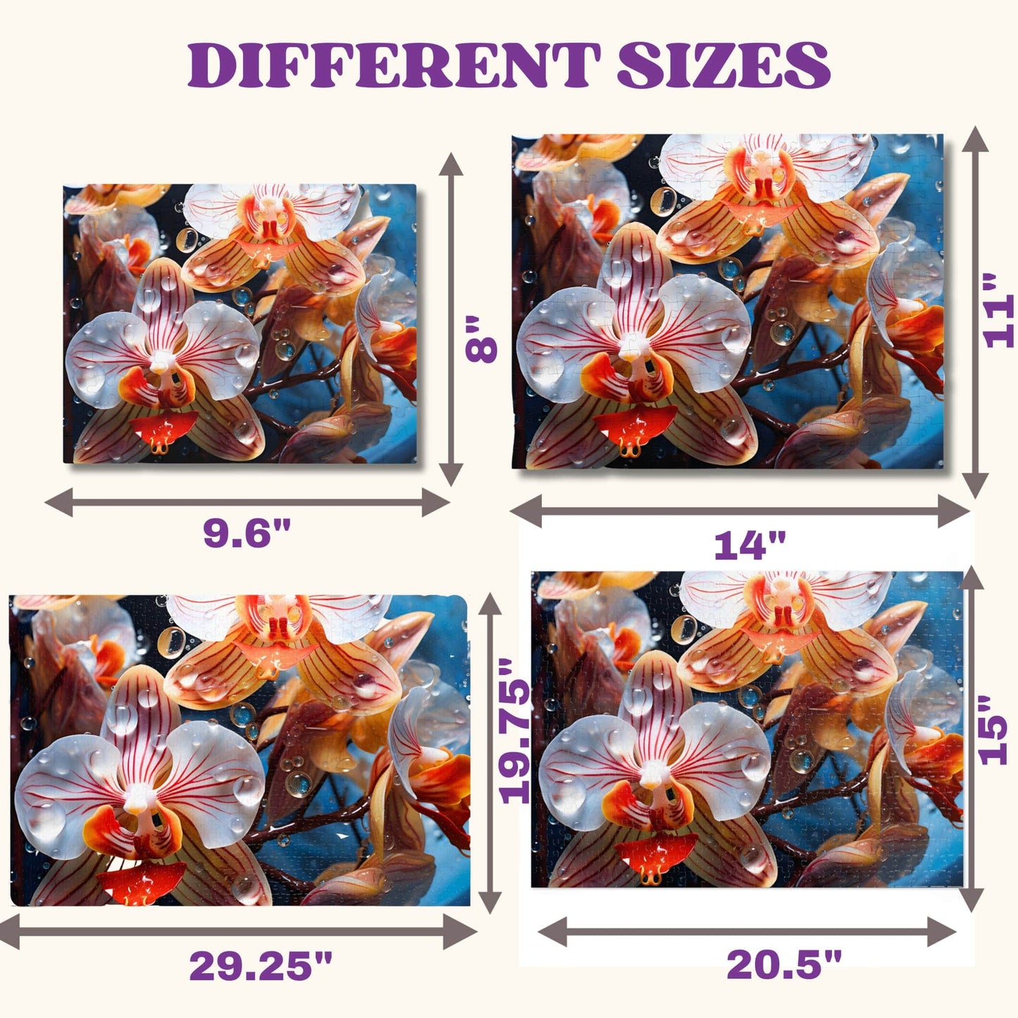 Comparison of Exotic Pink Orchid puzzle sizes - 110, 252, 500, and 1000 pieces - showcasing the versatile options