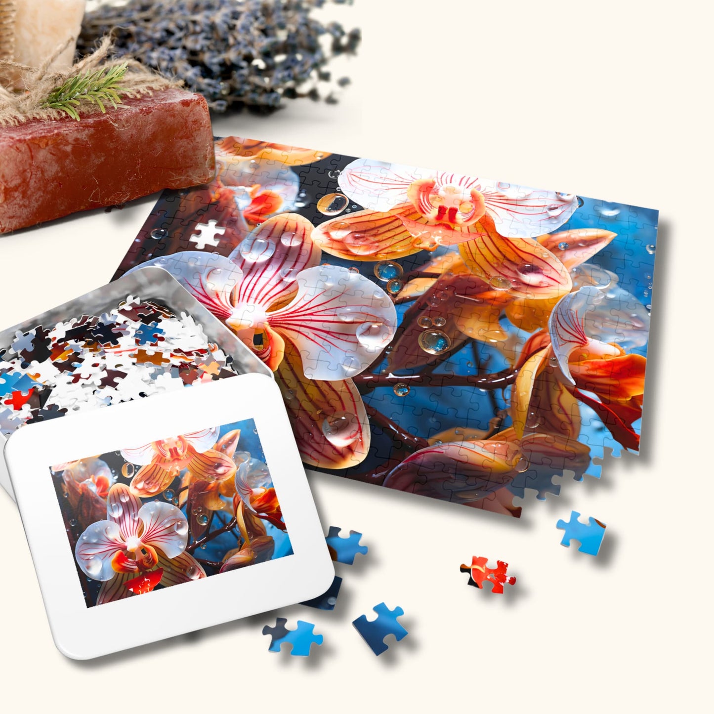 Puzzle and tin box featuring Exotic Pink Orchid with water drops, beautifully laid out with decorative flowers
