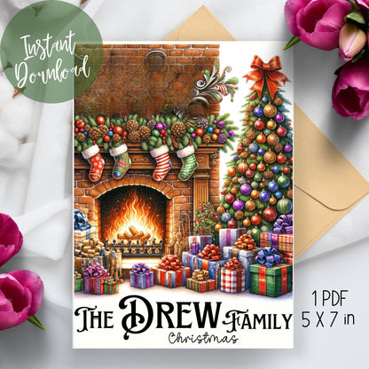  This illustrated card, titled "The Drew Family," beautifully blends whimsical Christmas elements in a festive setting. It features a fireplace and a Christmas tree adorned with colorful gifts, all rendered in an elegant and whimsical watercolor style.