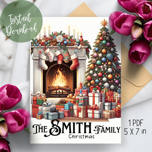 Elegantly displayed 2023 Christmas Card Template with family name customization, set on a table accompanied by an envelope and floral decorations, showcasing the warmth and personalization of the holiday season.
