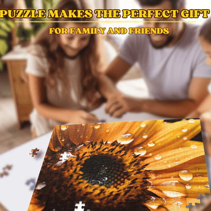 A cheerful family enjoying quality time together, engrossed in assembling the 1000-piece Bold and Beautiful Sunflower & Water Drops Jigsaw Puzzle.