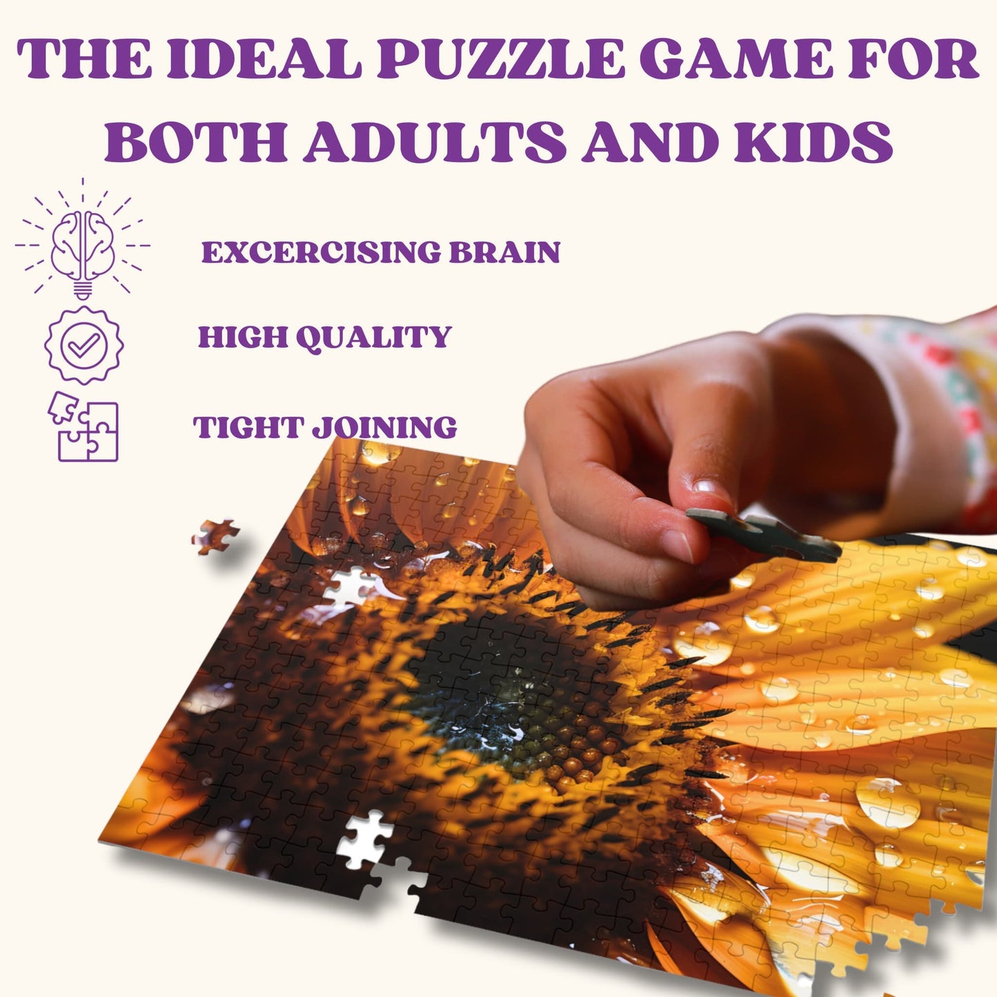 Key features of the 1000-piece Sunflower Jigsaw Puzzle, emphasizing the high-quality, durable pieces and the vividly printed image.