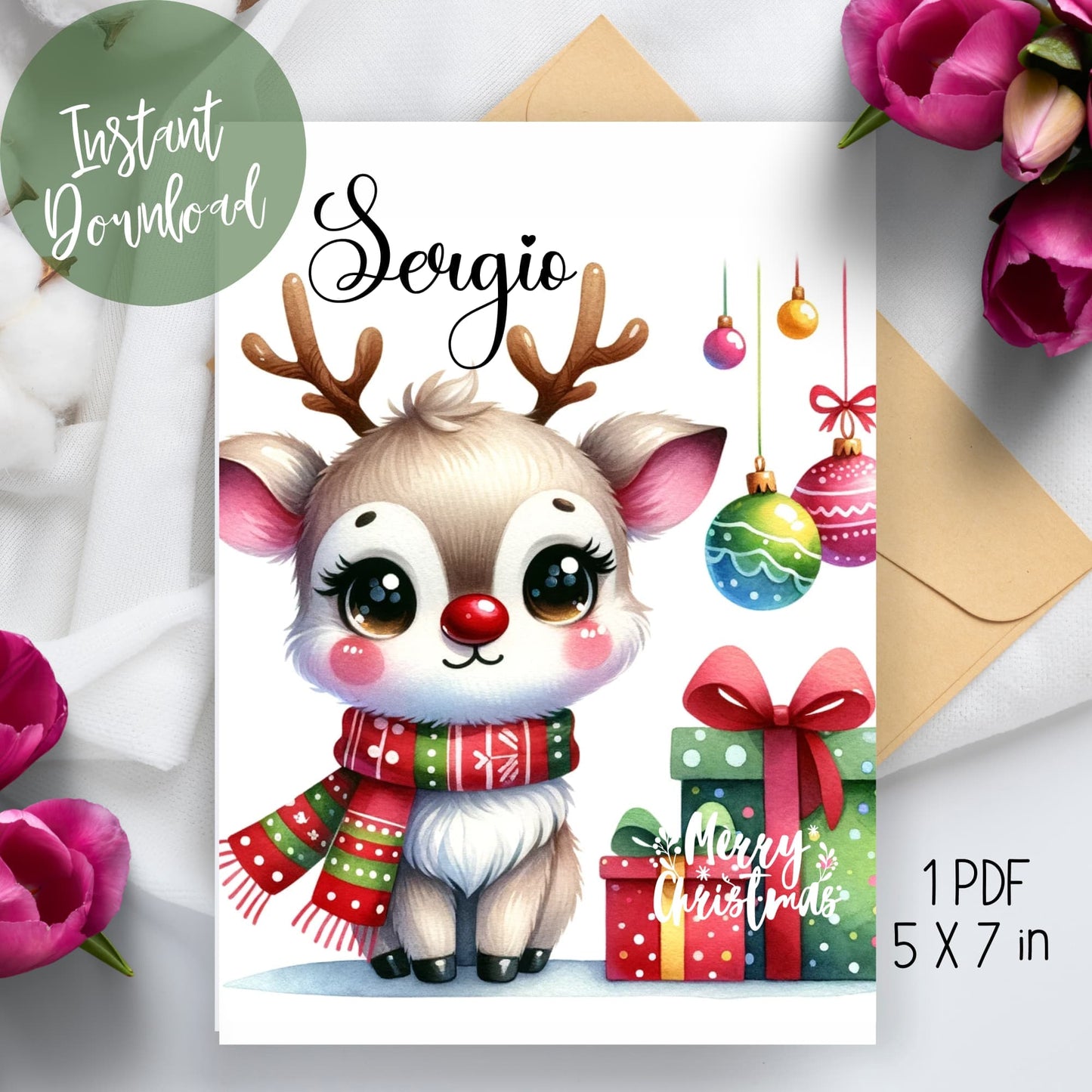 Festive 5x7 Christmas Greeting Card Template of reindeer for 2023 displayed elegantly on a table with a charming envelope and vibrant flowers on the side, symbolizing the joy of the holiday season.
