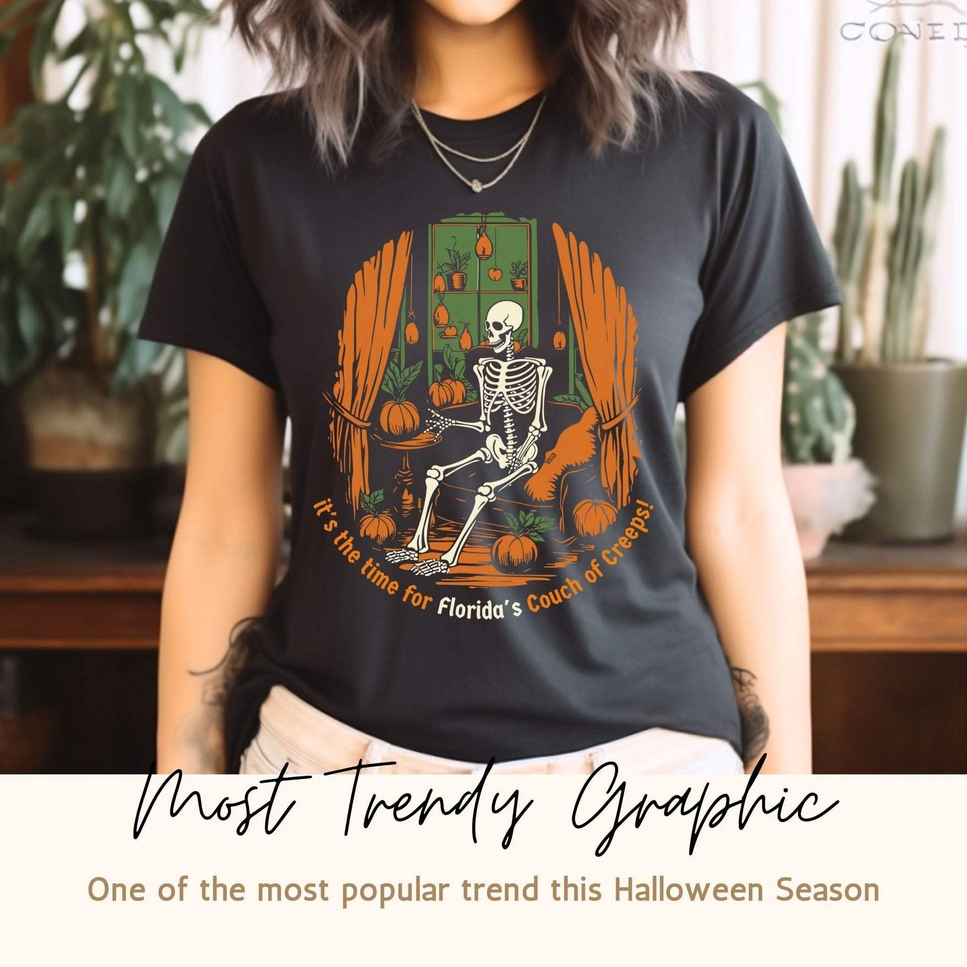 Wide lifestyle image featuring Florida Vintage Creepy 2023 Skeleton Halloween Gildan G6400 Streetwear