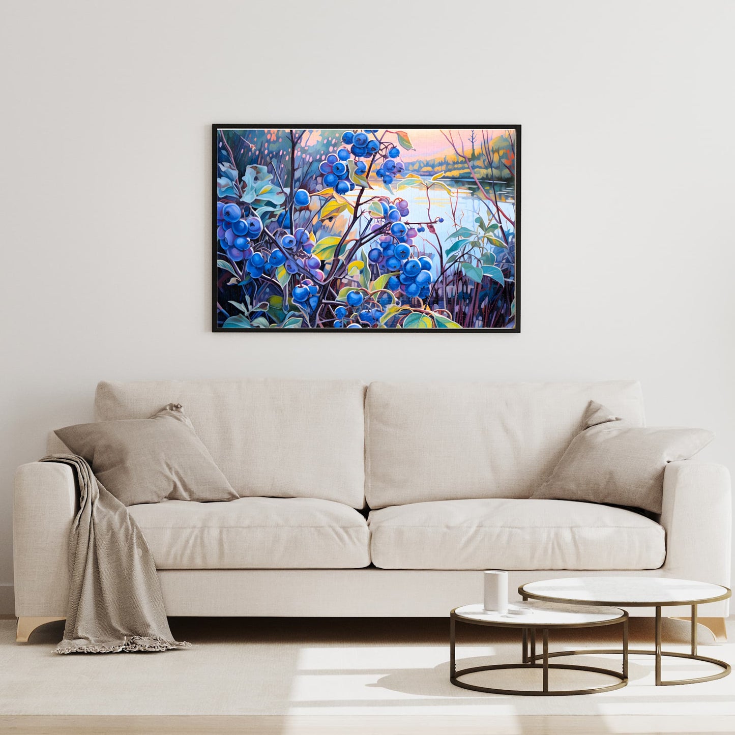 Framed 1000-piece Impressionist Blueberry Bush puzzle displayed elegantly on a living room wall