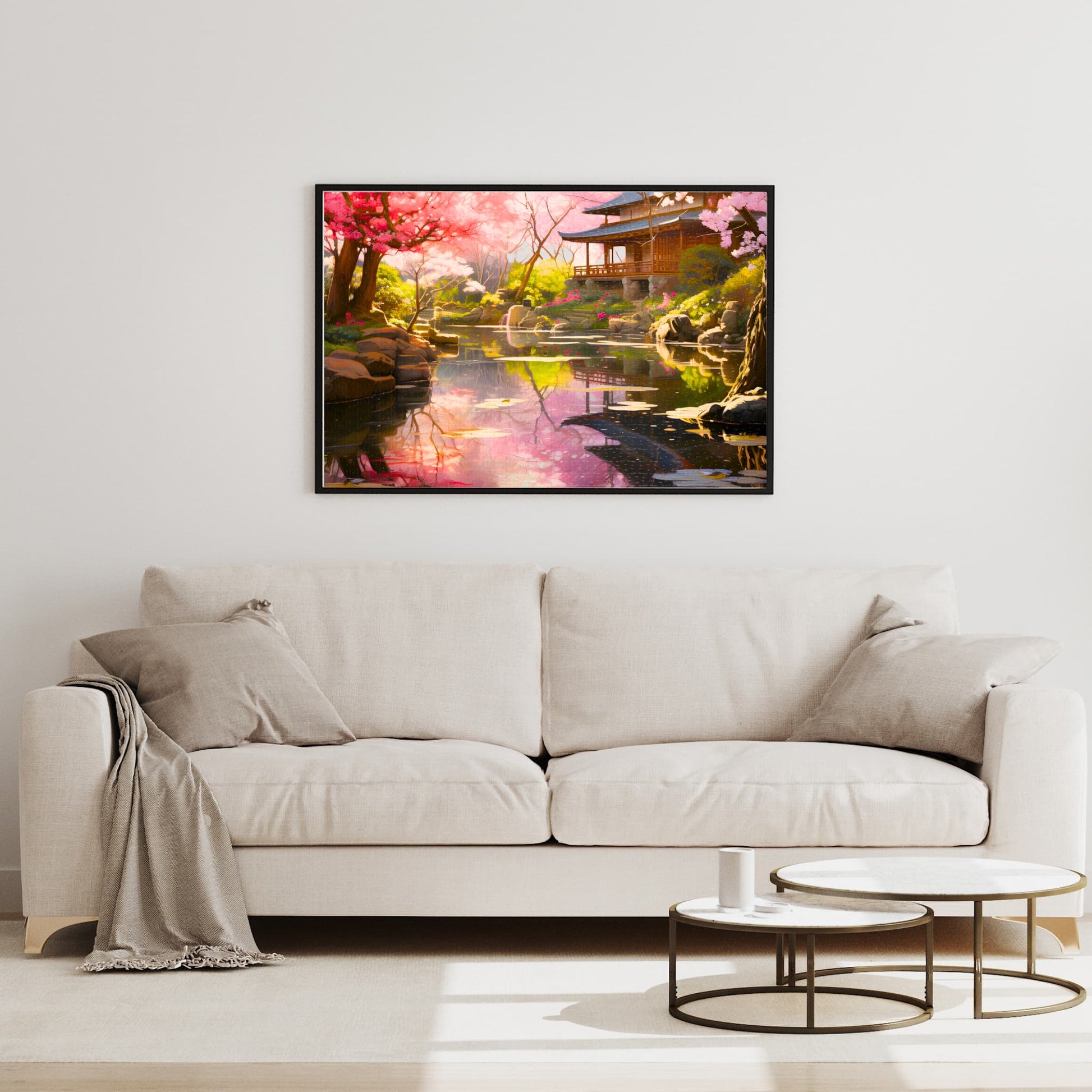 Framed 1000-piece Tranquil Japanese Garden puzzle displayed on a living room wall