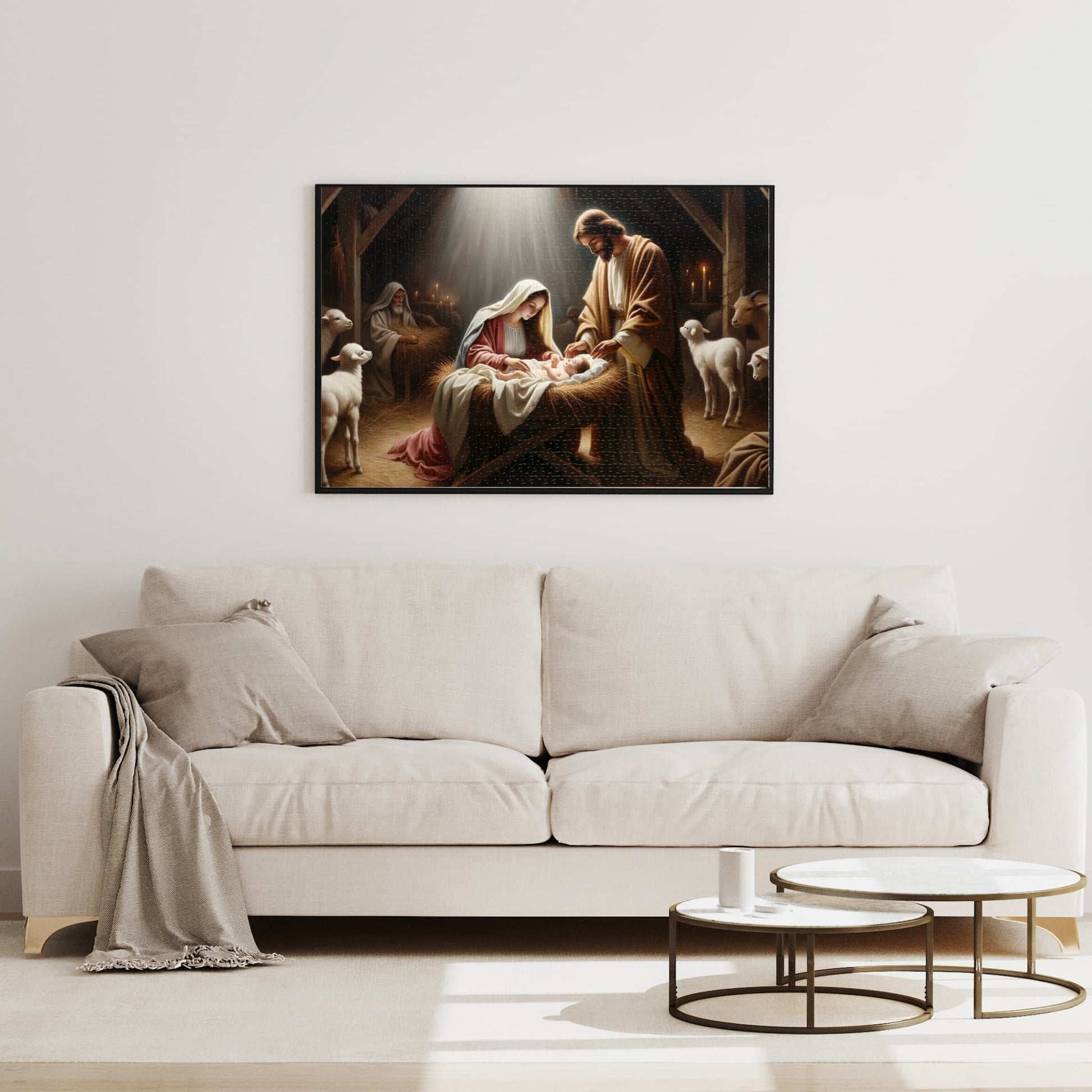 Jesus Jigsaw Puzzle framed and displayed on a living room wall.