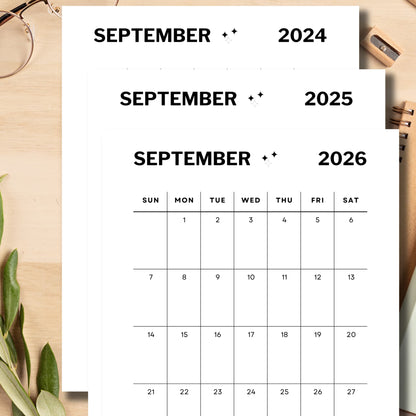 Aesthetic Simple September 2024, 2025, 2026 Printed Sheet for School kids with accesories