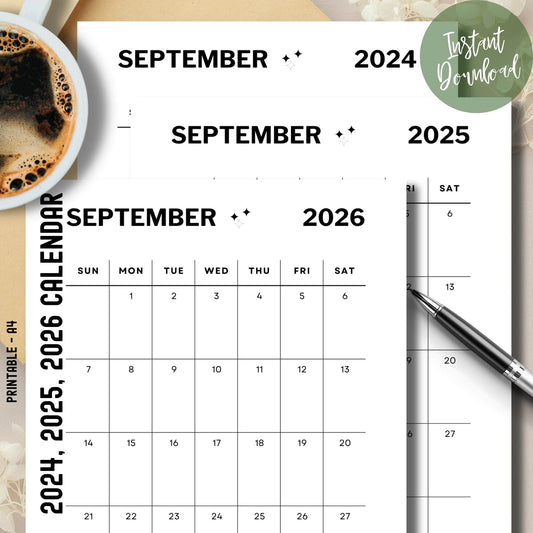 September 2024, 2025 & 2026 Printable Sheet with Coffee and Pen