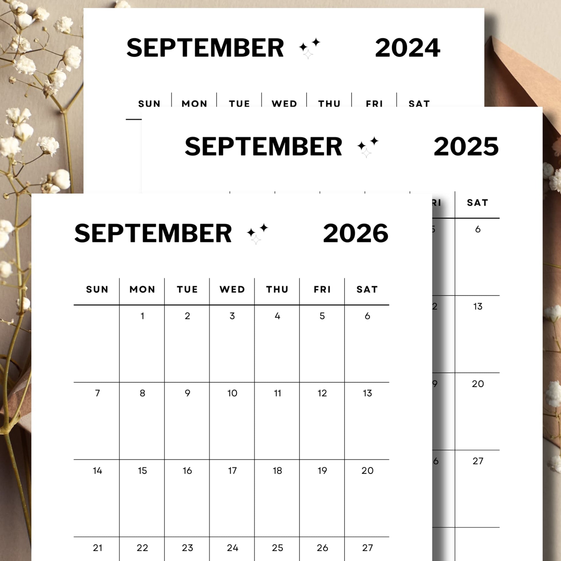 September 2024, 2025, 2026 with envelope and white flowers in background available for download