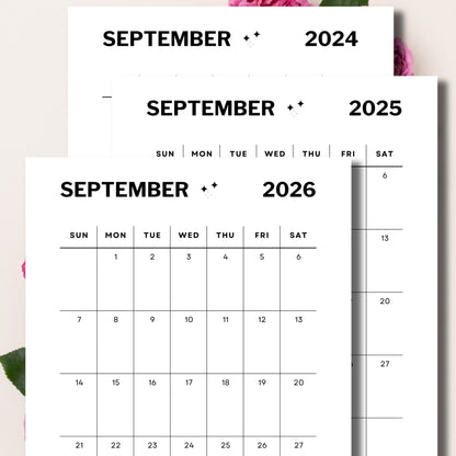 2024, 2025, 2026 September Aesthetic Calendar for priting with pink flowers in background 