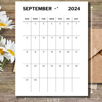 2024, 2025, 2026 September Printed Sheet for Homeschooling with size guide