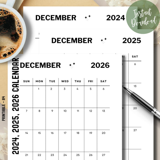 Balck and white 2024, 2025, 2026 December Calendar to print with coffee and pen
