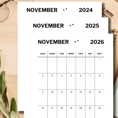 Printed November Calendar Sheets for the year 2024, 2025, 2-26 with school accesories