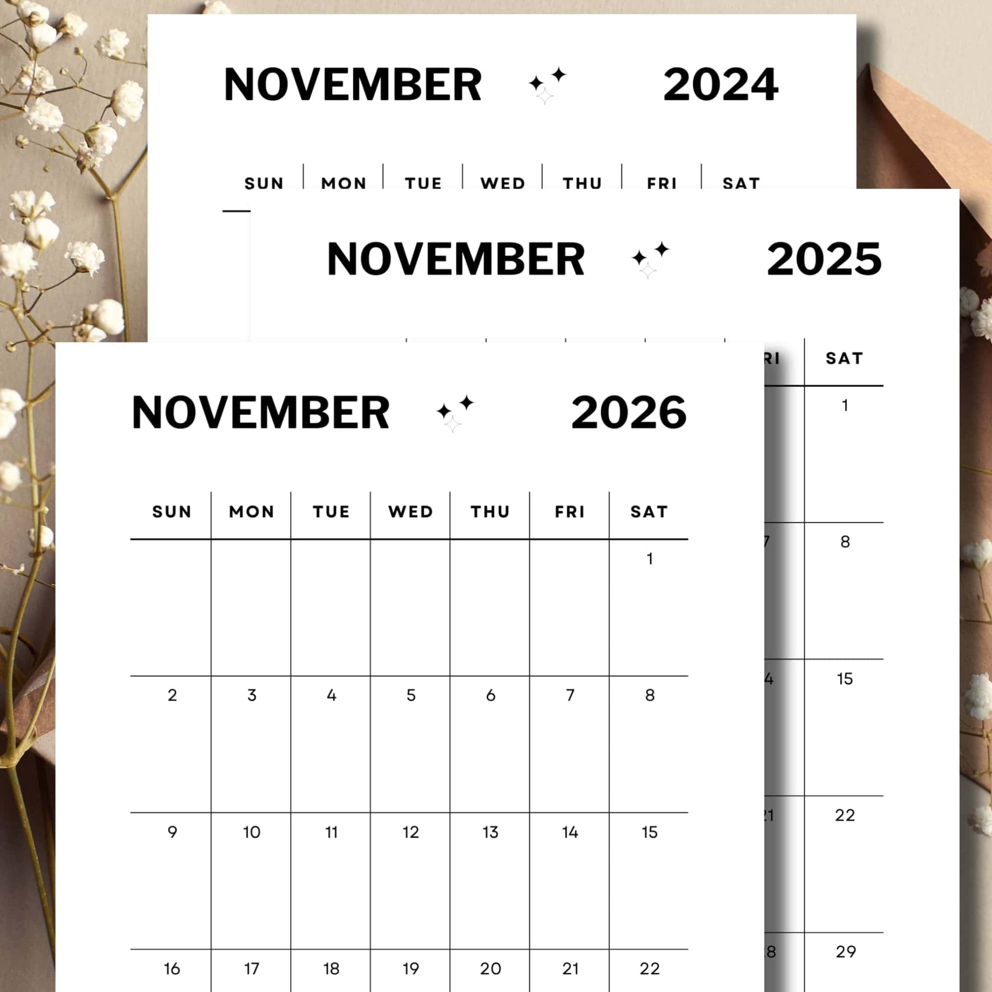 Free November calendar to print for the year 2024, 2025, 2026 with envelope in background