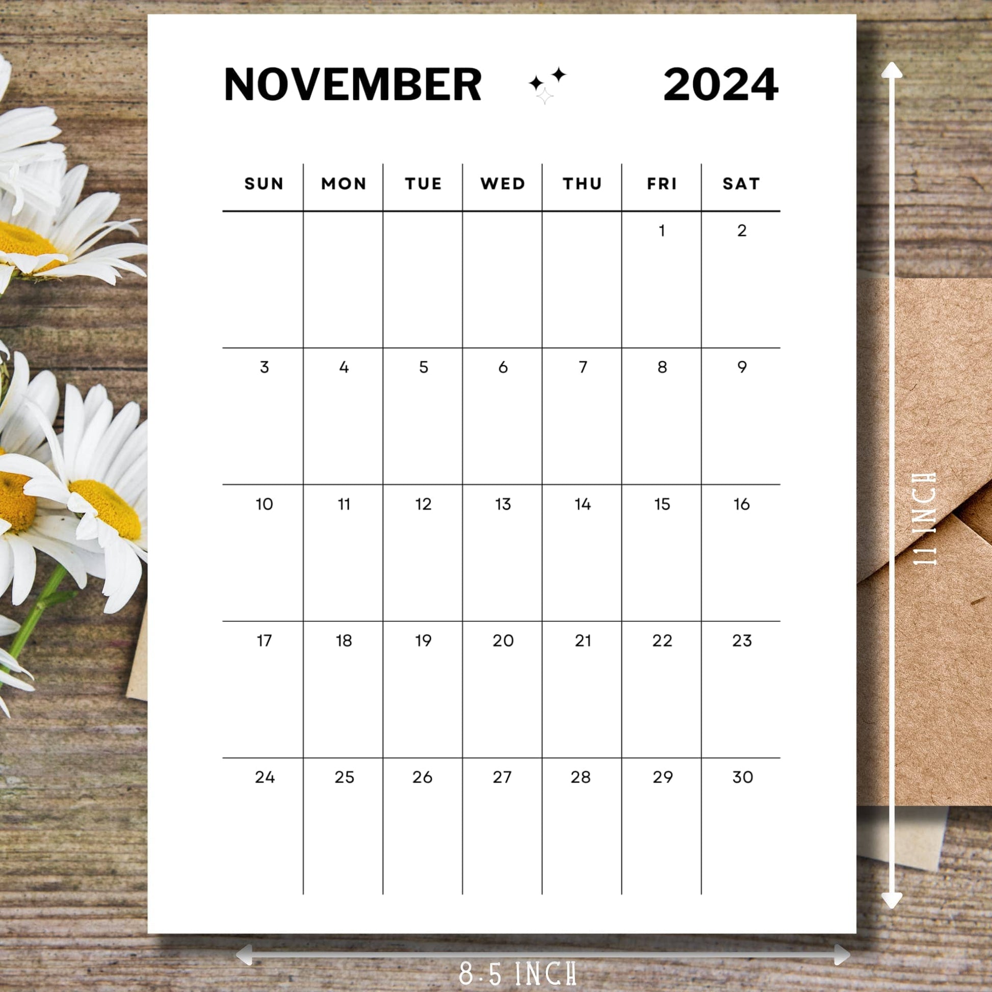 2024, 2025, 2026 November Calendar with size guide