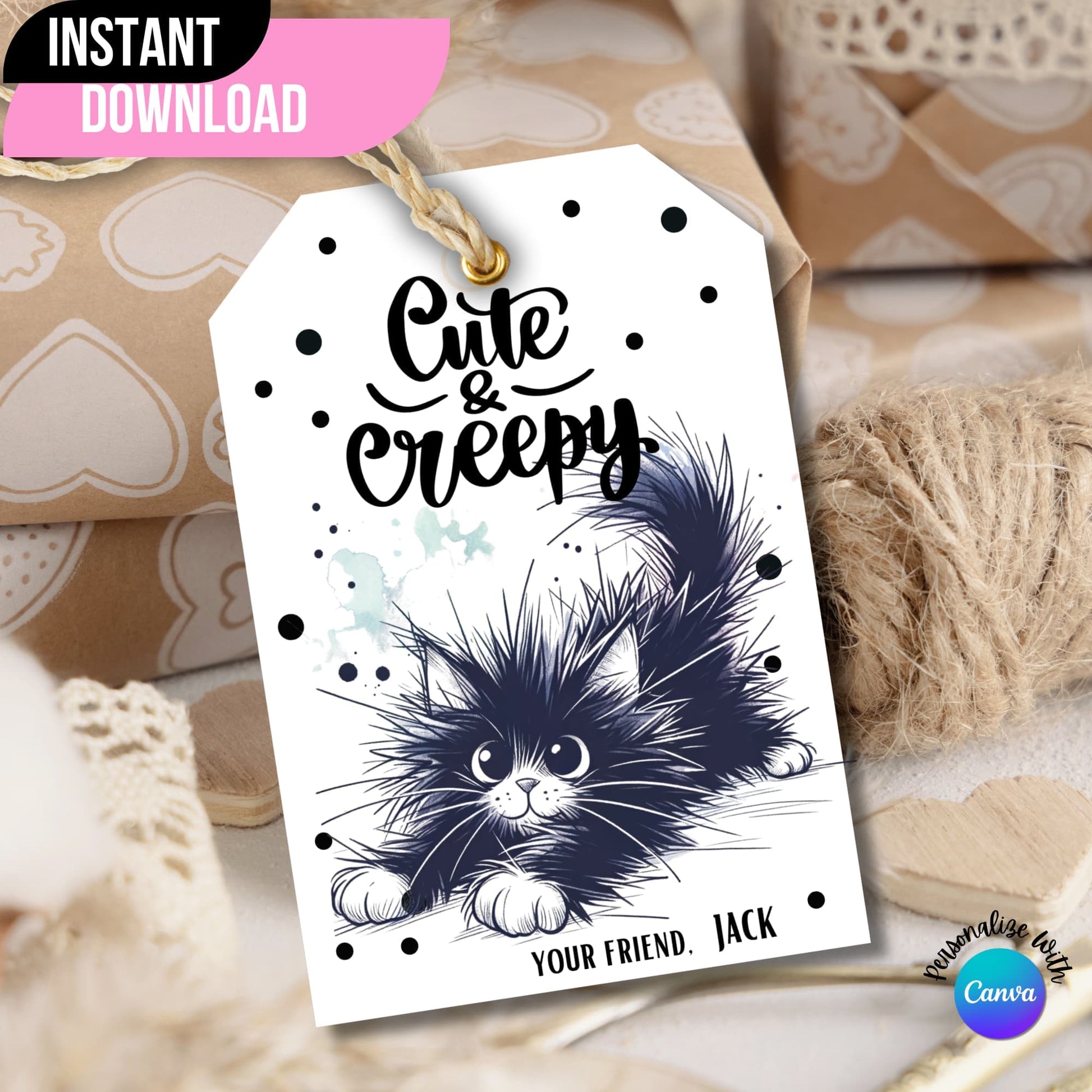 Free printable Halloween tag for goodie bags displayed on a brown gift box.