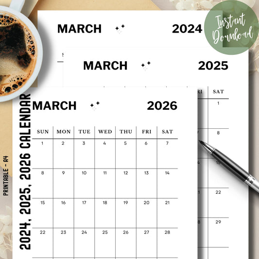 March Minimalist Printable Monthly Calendar to Print for the year 2024, 2025, 2026- banner image