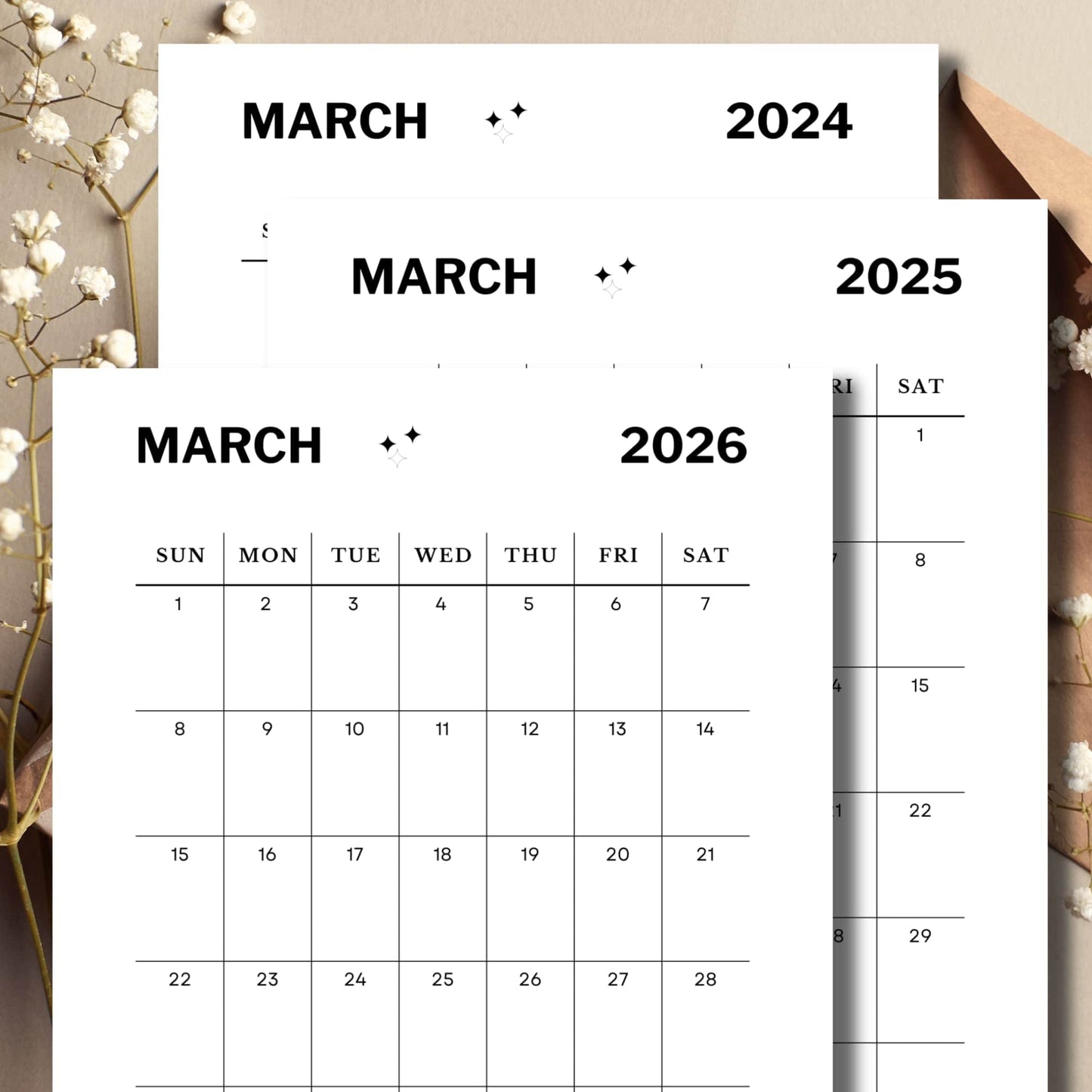 March Minimalist Printable Monthly Calendar to Print with envelope and flower buds