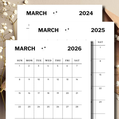 March Minimalist Printable Monthly Calendar to Print with envelope and flower buds