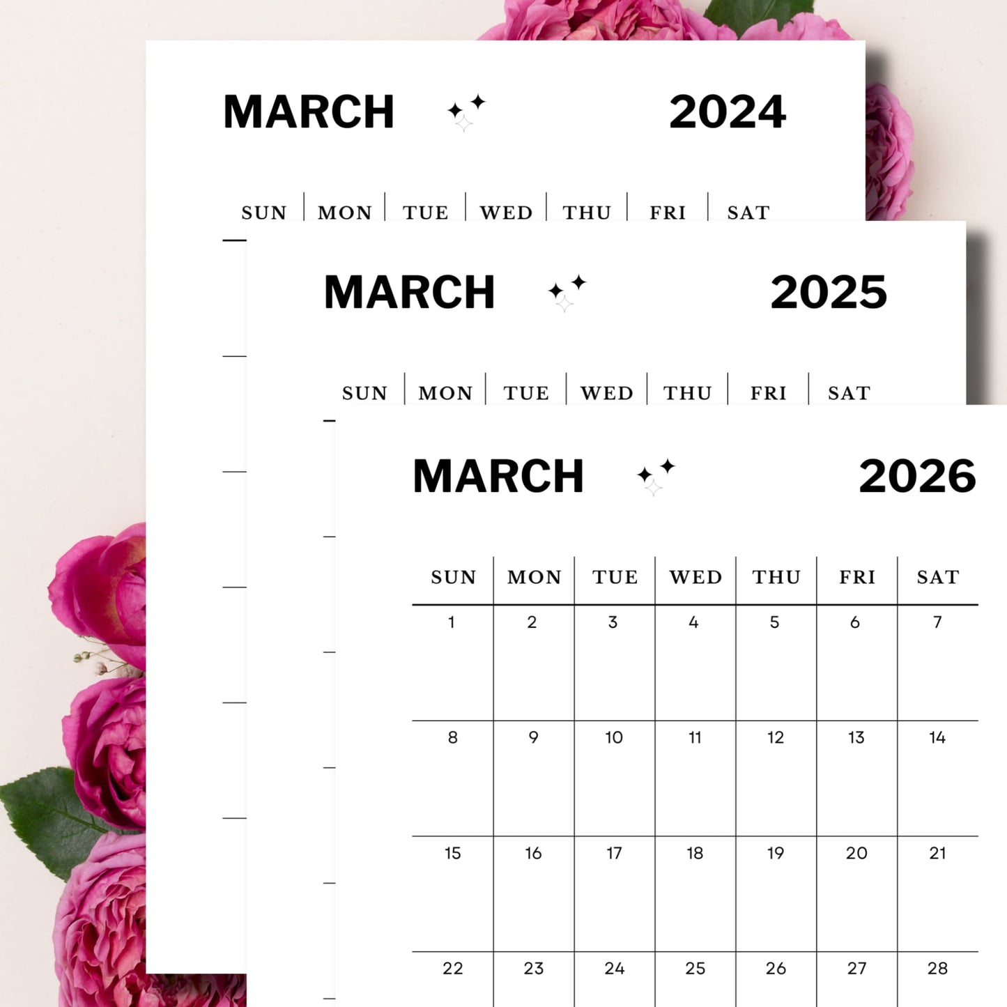 March Minimalist Printable Monthly Calendar to Print with pink peonies