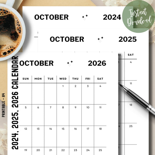 Simple 2024,2025 & 2026 October Calendar to Print with Coffee and Pen