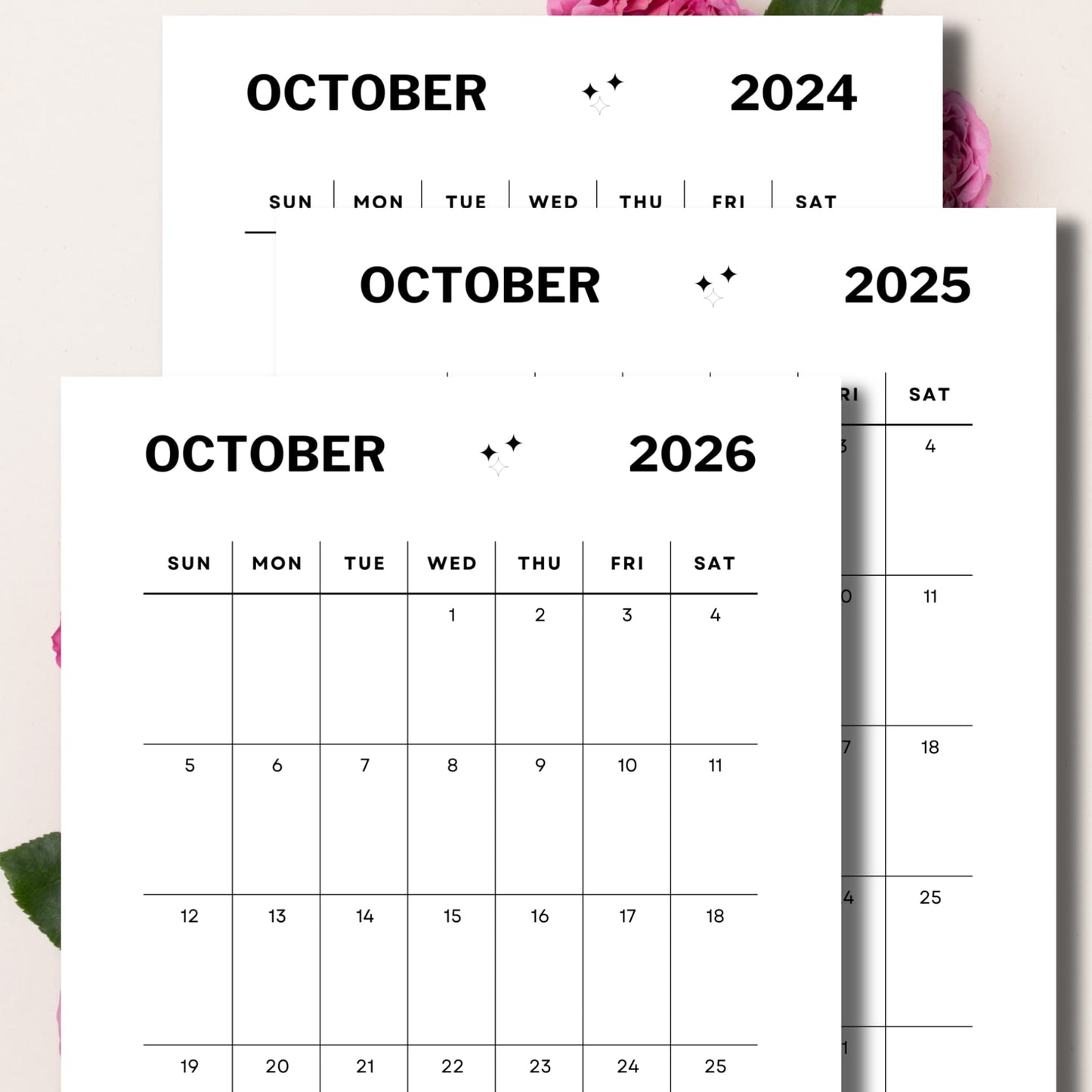 Printed Calendar Sheets of October 2024, 2025, 2026 with flowers in background