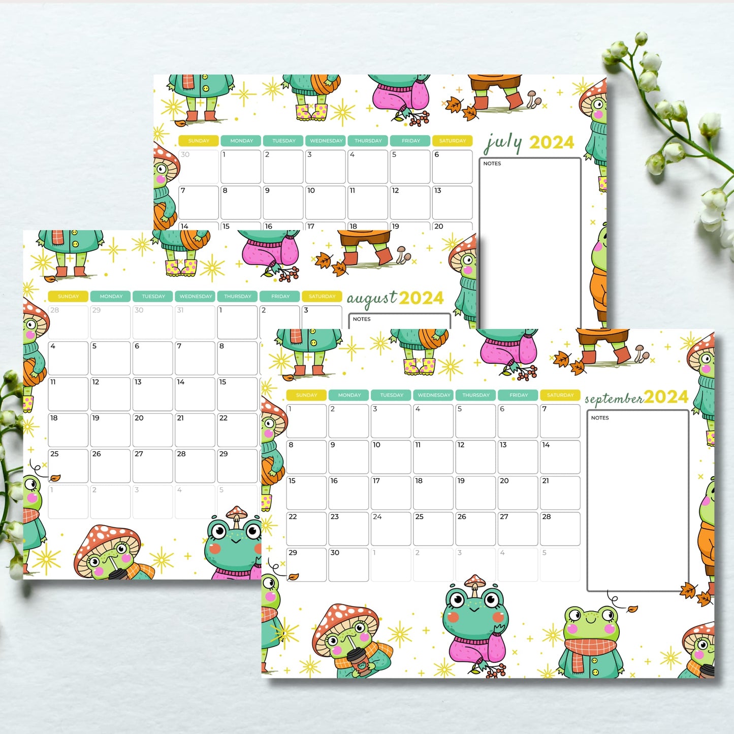 Beautiful frog illustrated July August September 2024 printed monthly calendars for download on a white background with flowers stem