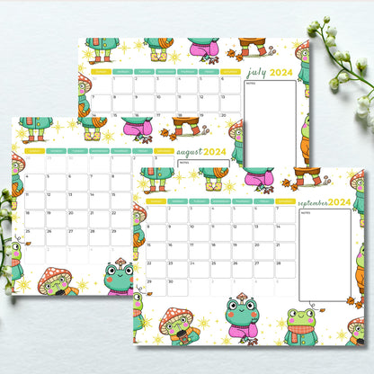 Beautiful frog illustrated July August September 2024 printed monthly calendars for download on a white background with flowers stem